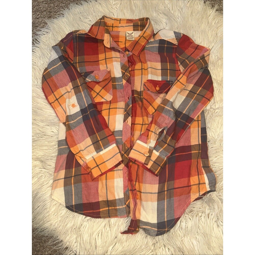 Faded Glory Women’s Small (4-6) Orange Red And Navy Plaid Button Down Shirt